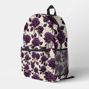 Glänzende dunkelviolette Rosen auf einem elfenbein Bedruckter Rucksack