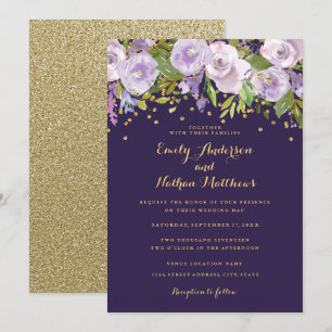 Glänzende Florale Gold-Purple Hochzeitseinladung Einladung