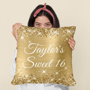 Glänzende funkelnde Goldfolie Glam Sweet 16 Kissen