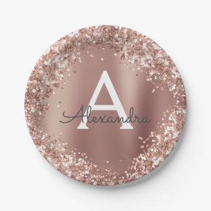 Glänzende Geburtstagsmonogramm in rosa Roségold Pappteller