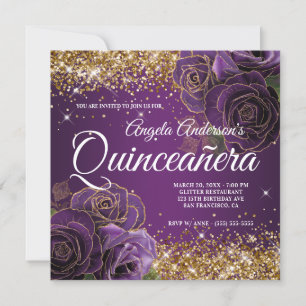 Glänzende Gold Glitter Lila Rose Quinceañera Einladung
