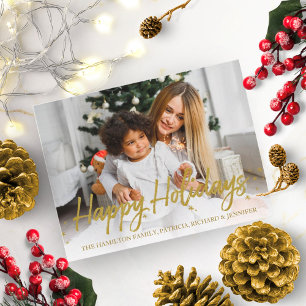 Glänzende goldene handgeschriebene Foto-Festtagsgr Postkarte