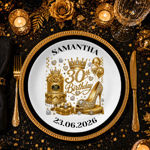 Glänzende Goldene und Schwarze Geburtstagstagsplat Pappteller