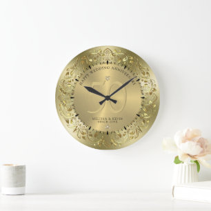 Glänzende goldene Wirbel Kreisrahmen 50. Hochzeit Große Wanduhr