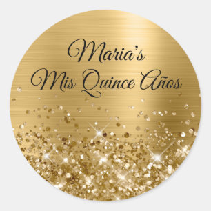 Glänzende Goldfolie Mis Quince Años Runder Aufkleber