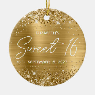 Glänzende Goldfolie Moderne Fancy Sweet 16 Foto Keramik Ornament