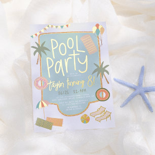 Glänzende, handgezeichnete Sommer-Spaß-Poolparty-G Folieneinladung