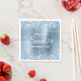 Glänzende Hellblaue Folie Sweet 16 Serviette