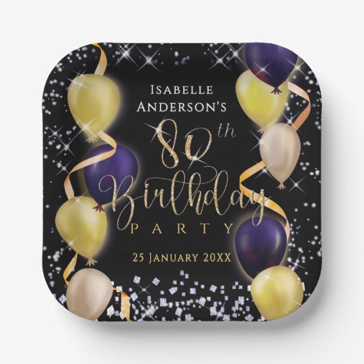 Glänzende Luftballons 80. Geburtstag Schwarz Pappteller (Vorderseite)