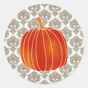 Glänzende Orange Herbst-Kürbis-Burlap-Weiße Damast Runder Aufkleber