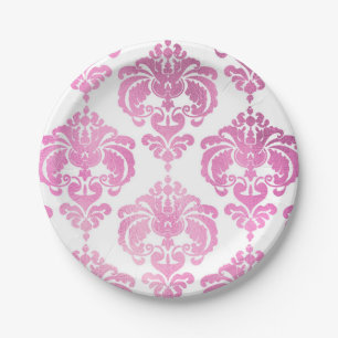 Glänzende Pink & Weiße Damast Vintage Hochzeitsfei Pappteller