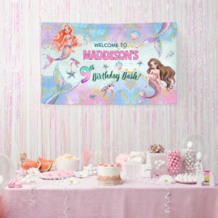 Glänzende rosa lila Meerjungfrauen zum 9. Geburtst Banner