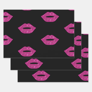 Glänzende rosa Lippen violetter Glitter Küsse eleg Geschenkpapier Set