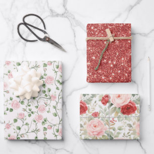 Glänzende rosa rote Rosen Floral-Brautdusche Geschenkpapier Set