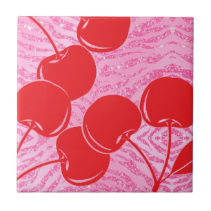 Glänzende rosa rote Zebra-Kirschen Fliese