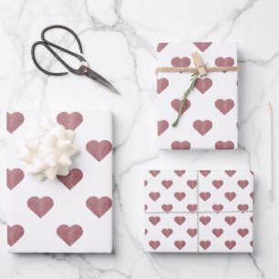 Glänzende Rose Gold Herzen Weißer Hintergrund Geschenkpapier Set