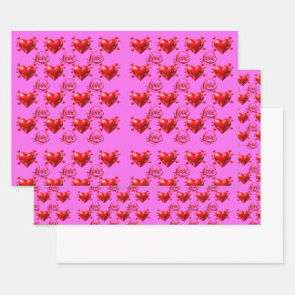 Glänzende rote Herzen und Liebesschrift Romantisch Geschenkpapier Set