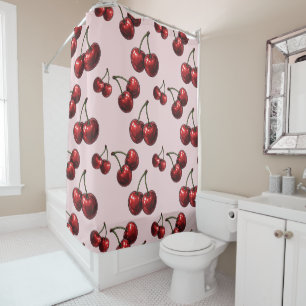 Glänzende rote Kirschen Rosa Retro Glamour Duschvorhang