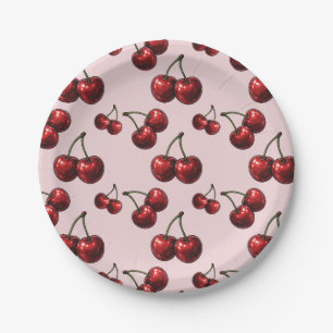 Glänzende Rote Kirschen Rosa Retro-Party Pappteller