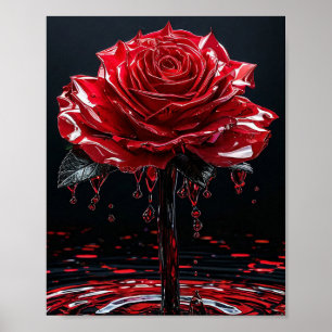 Glänzende rote Rose mit Tautropfen Romantisch Poster
