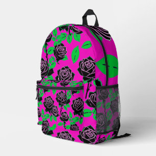 Glänzende schwarze Rosen auf einem heißen rosa Hin Bedruckter Rucksack
