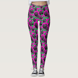 Glänzende schwarze Rosen auf einem heißen rosa Hin Leggings