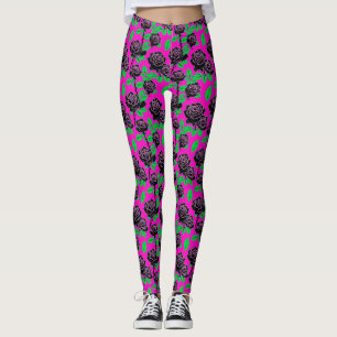 Glänzende schwarze Rosen auf einem heißen rosa Hin Leggings