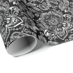 Glänzende Silber Barock Blumen Damast auf Weiß Geschenkpapier