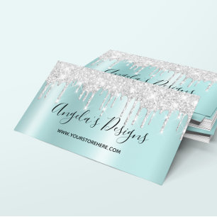 Glänzende Silber Glitter Tropfen Hell Türkis Ombre Visitenkarte