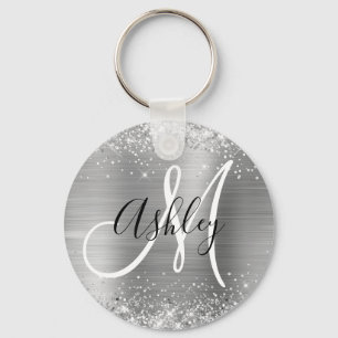 Glänzende Silberfolie Schwarz und Weiß Monogrammie Schlüsselanhänger