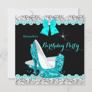 Glänzende Türkisblaue High Heels Silber Geburtstag Einladung