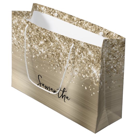 Glänzender Blassgold Glam Name Große Geschenktüte (Vorderseite Schrägansicht)
