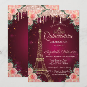 Glänzender Eiffelturm tropft Quinceañera-Blumen Einladung