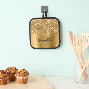Glänzender Gold Glam Name Topflappen
