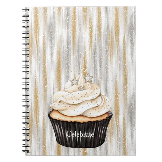 Glänzender Gold Silber Sterne Cupcake Feiern Notizblock (Vorderseite)