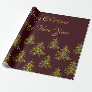 Glänzender goldener Weihnachtsbaum auf rotem Weihn Geschenkpapier
