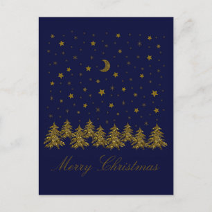Glänzender goldener Weihnachtsbaum, Mond, Sterne a Feiertagspostkarte