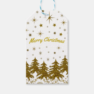 Glänzender goldener Weihnachtsbaum, Sterne, Schnee Geschenkanhänger