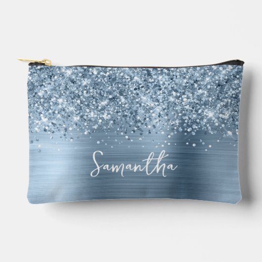 Glänzender Hellblauer Glamour-Schriftname Zubehörtasche (Vorderseite)