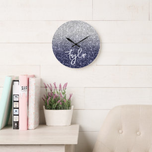 Glänzender Luxus Silber Navy Glitter Ombre Große Wanduhr