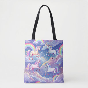 Glänzender Regenbogen und Einhörner auf Wolken Tasche