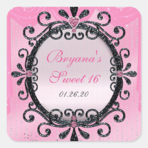 Glänzender Rosa und Schwarzer Fancy Rahmen Party A Quadratischer Aufkleber