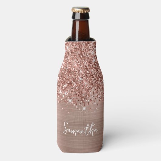 Glänzender Roségold Glamour Schriftname Flaschenkühler (Flaschenvorderseite)