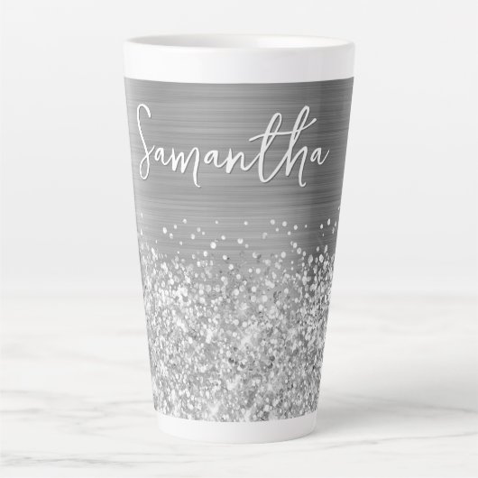 Glänzender Silber Glam Name Milchtasse (Vorderseite)