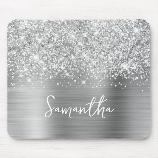 Glänzender Silber Glam Name Mousepad (Vorne)