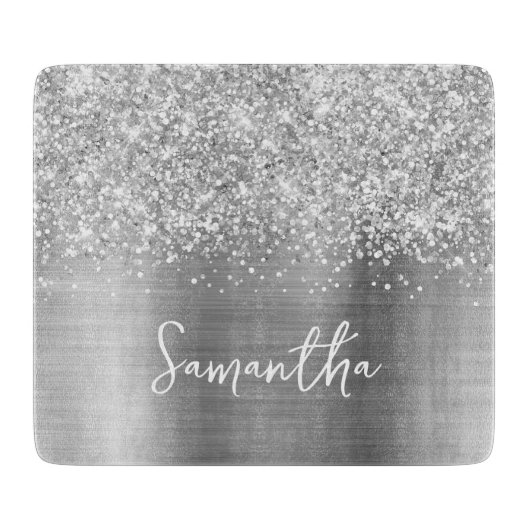 Glänzender Silber Glam Name Schneidebrett (Vorderseite)