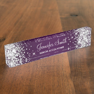 Glänzender Silber-Glitter-Aubergine-Gradient Namensplakette