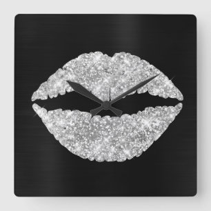 Glänzender Silber-Glitter-Lippenstift Schwarzfolie Quadratische Wanduhr