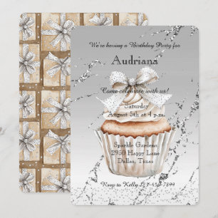 Glänzender Silberweißer Cupcake-Bogen Geburtstag Einladung