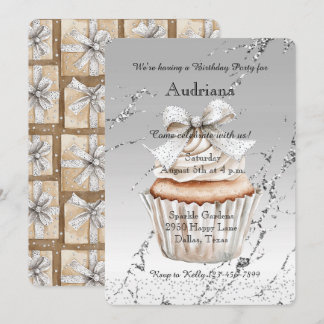 Glänzender Silberweißer Cupcake-Bogen Geburtstag Einladung